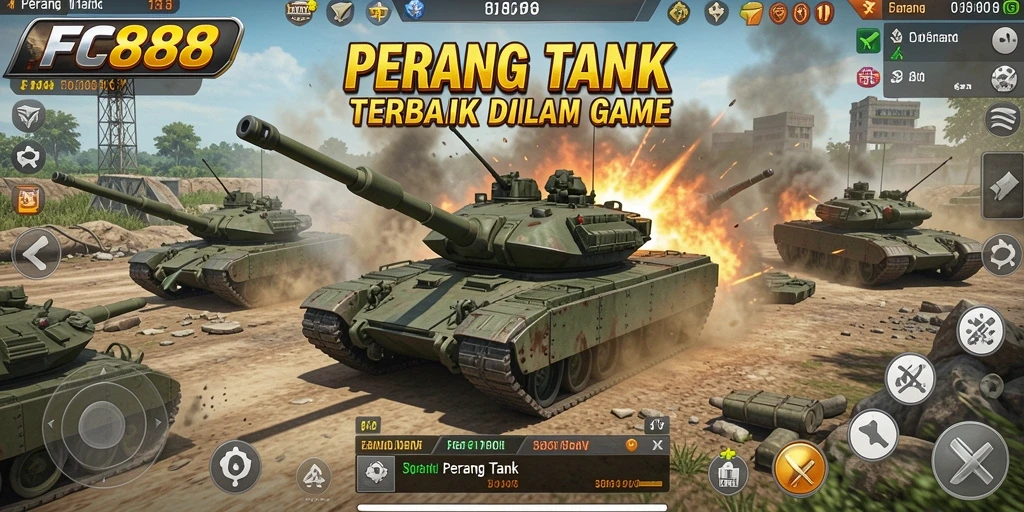 Antarmuka FC888 menunjukkan pertarungan tank yang epik.